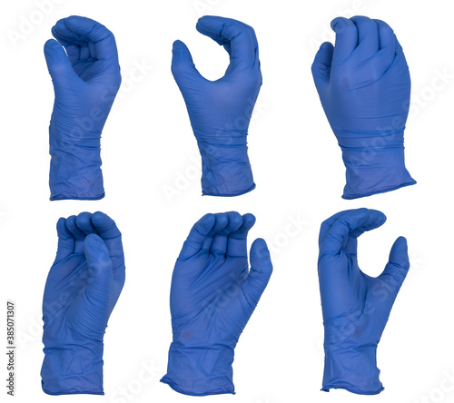 Hand wearing blue nitrile examination glove in a round grip posture, various views
