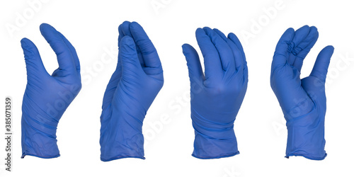 Hand wearing blue nitrile examination glove holding small invisible object, various views