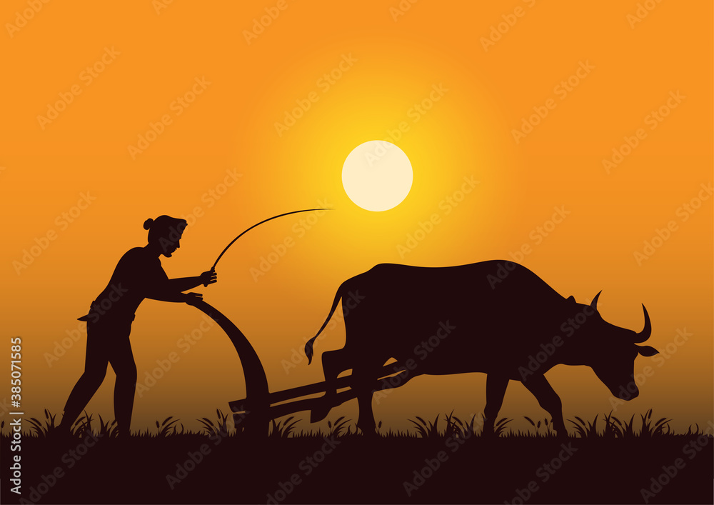 stock vector silhouette farmer plowing cow in the field graphic