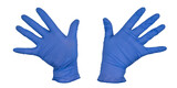 Hand wearing blue nitrile examination glove makes wave gesture. Front and back view. Woman's hand, isolated on white background