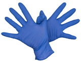 Hands wearing blue nitrile examination gloves, thumbs crossing, fingers fanned apart, palms up.  Female hand isolated, no skin
