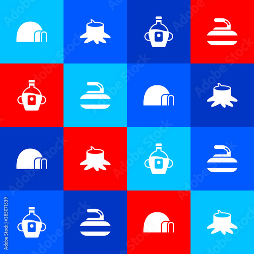 Set Igloo ice house, Tree stump, Maple syrup and Stone for curling icon. Vector.