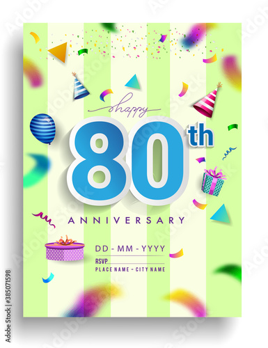 80th Years Anniversary invitation Design, with gift box and balloons, ribbon, Colorful Vector template elements for birthday celebration party.