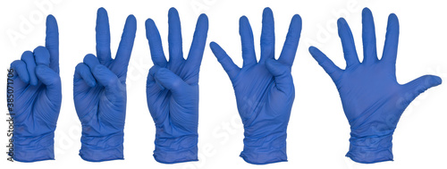 Hand wearing blue nitrile examination glove. Various isolated views of the front of a woman's hand, using fingers to count from 1 to 5 photo