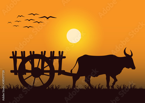 stock vector silhouette cattle pull a wooden cart graphic object illustration