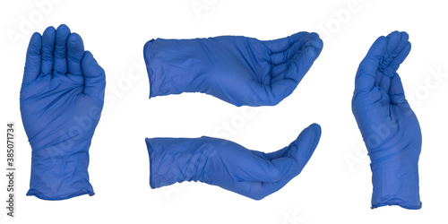 Hand wearing blue nitrile examination glove in cupped shape, various views