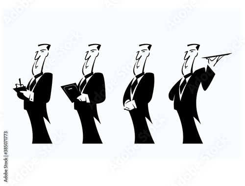 Perfect service. Comic character of professional waiter. Vector image for illustrations.