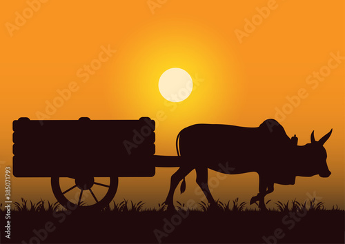stock vector silhouette cattle pull a wooden cart