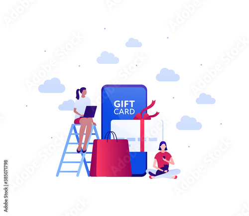 Online shopping and global delivery service concept. Vector flat people illustration. Couple of woman with laptop, phone and cat. Smartphone, giftbox and bag. Design for ecommerce banner, web sale ad