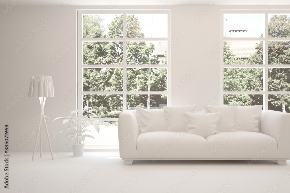 White living room with sofa and summer landscape in window. Scandinavian interior design. 3D illustration White living room with sofa and summer landscape in window. Scandinavian interior design. 3D illustration