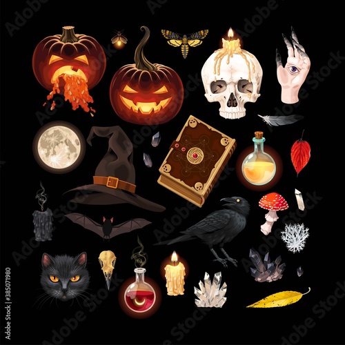 Vector set of pumpkins and magic supplies