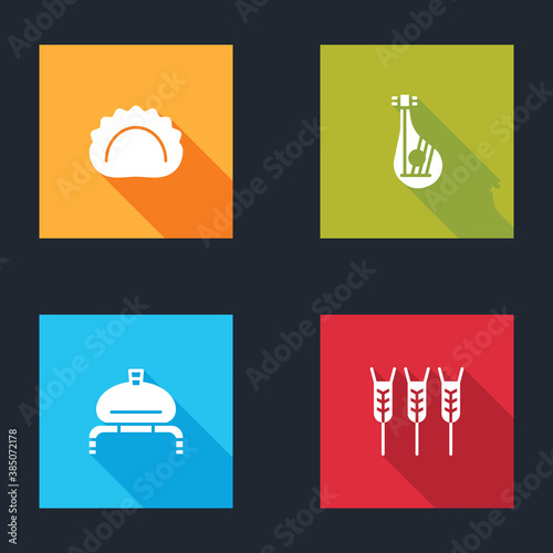 Set Dumplings, Bandura, Bread salt and Wheat icon. Vector.