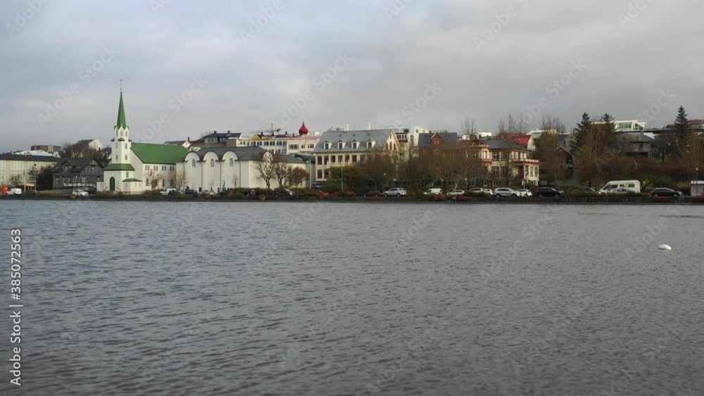 Aerial view of Reykjavik pond in city center in Iceland Aerial view of Reykjavik pond in city center in Iceland