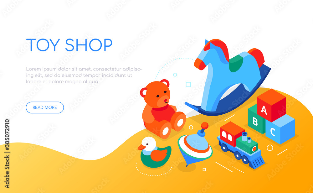 Toys shop - modern colorful isometric web banner
