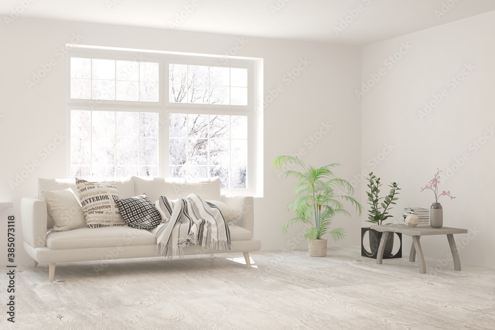 White living room with sofa and winter landscape in window. Scandinavian interior design. 3D illustration