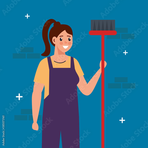 constructer woman with broom design of remodeling working and repairing theme Vector illustration