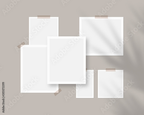 Mood board mockup template. Empty sheets of white paper on the wall with shadow overlay. Mockup vector isolated. Template design. Realistic vector illustration. photo
