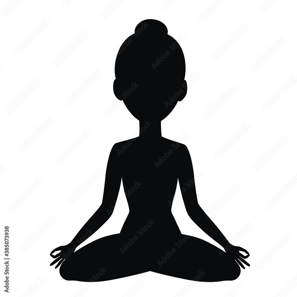 Vector silhouette of yoga girl character in meditation pose. Cartoon yoga woman icon.