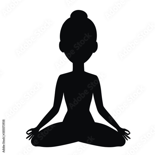 Vector silhouette of yoga girl character in meditation pose. Cartoon yoga woman icon.