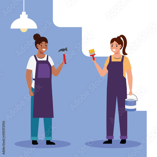 constructer and painter women design of remodeling working and repairing theme Vector illustration