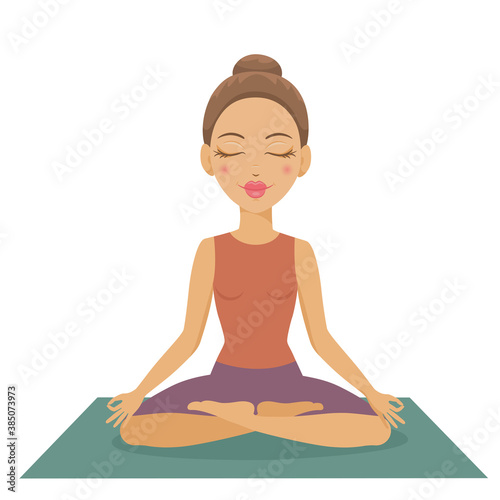 Vector illustration of catroon yoga girl sitting in meditation pose. Vector yoga woman character. 
