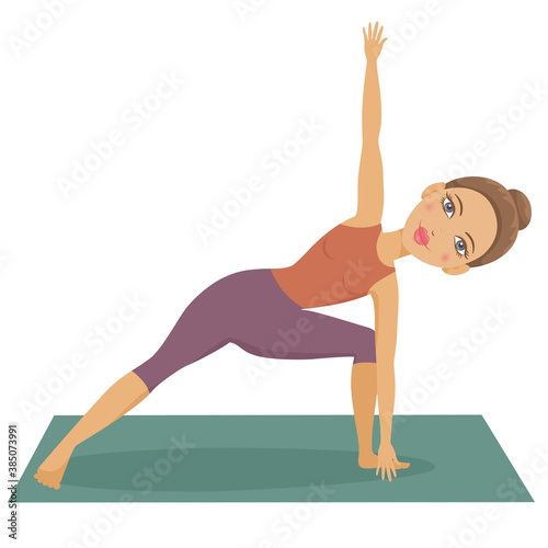 Vector yoga character. Illustration of girl doing yoga on yoga mat isolated on white background.  