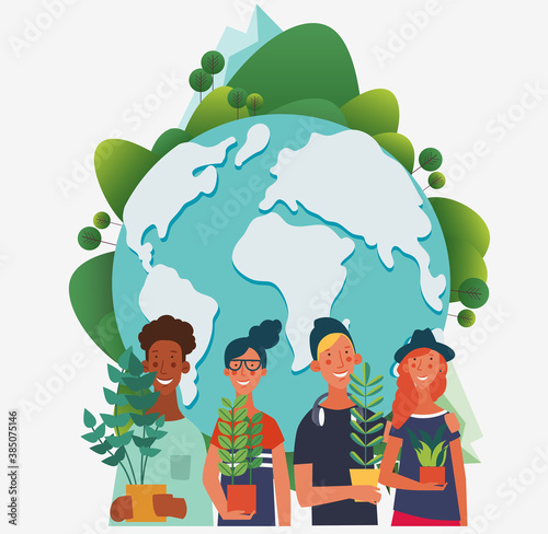 Young people holding different plants. Eco friendly ecology concept. Nature conservation vector illustration
