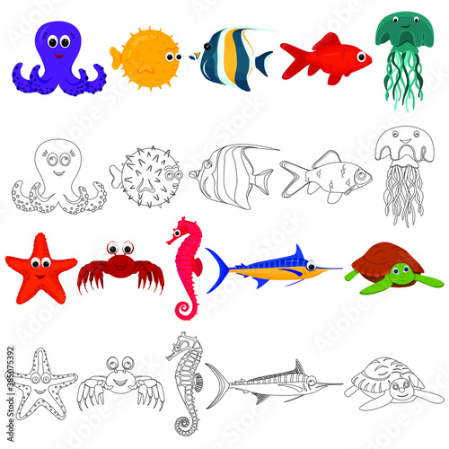Obraz na plátně Set of cute marine animals illustrations for coloring page or book