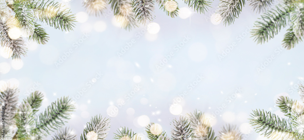 Merry Christmas and Happy New Year, Holidays greeting card with blurred bokeh background