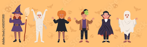 Set of children characters for Halloween. Costumes witches, mummy, pumpkin, Frankenstein's monster, Dracula, ghost. Vector illustration in a flat style