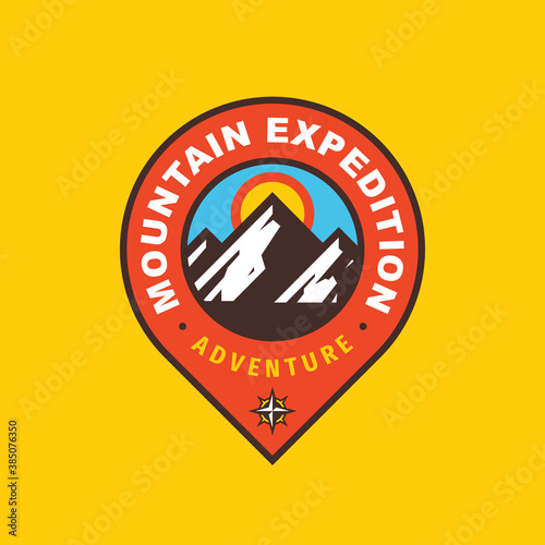 Mountain expedition badge design. Adventure traveling logo. Hiking Climbing emblem. Vector illustration. 