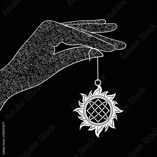 Hand holds amulet Lada star in the sun. Esoteric jewellery. Talisman. Line illustration. Sacred magic symbol outline drawing. Vector slavic amulet isolated on black background
