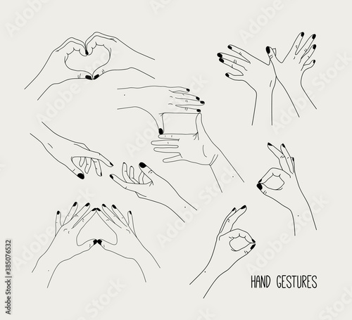 Set of hand gestures showing human relationships. Love and care. Contour vector illustration with heart shaped hands, reaching hands. Simple linear sketch with body language for design