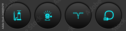 Set Bicycle air pump, bell, handlebar and lock icon. Vector.
