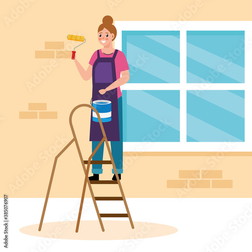 painter woman with roll and bucket on ladder design of remodeling construction working and repairing theme Vector illustration