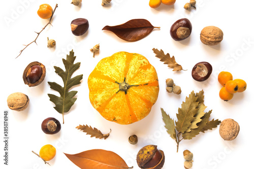 Autumn creative composition made of pumpkins, dried leaves, chestnuts and acorns on white background