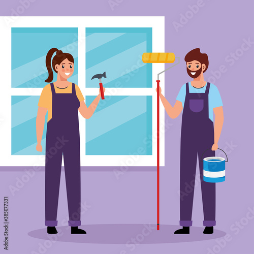 constructer woman and painter man design of remodeling working and repairing theme Vector illustration