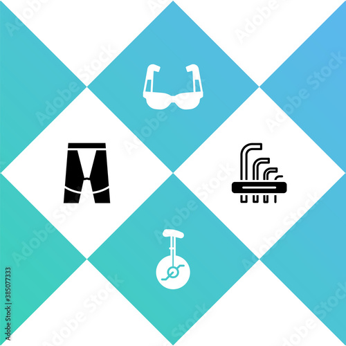 Set Cycling shorts, Unicycle one wheel bicycle, Sport cycling sunglasses and Tool allen keys icon. Vector.
