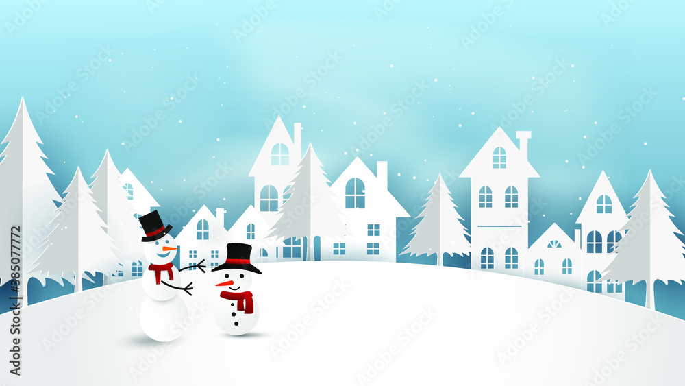 Merry Christmas and Happy New Year with 
Paper snowman in winter season.