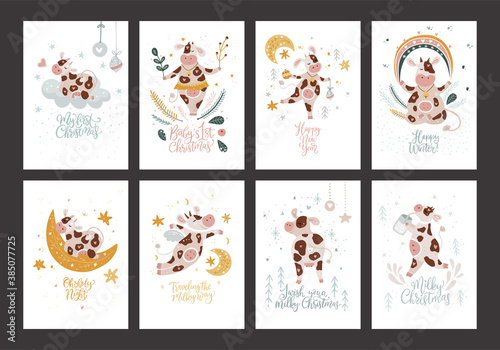 Christmas cow cartoon vector card banner set. Greeting New Year poster collection with hand drawn lettering quote. Celebration winter farm animal drawing in a flat style on a white background.