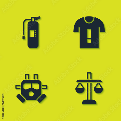 Set Fire extinguisher, Scales of justice, Gas mask and T-shirt protest icon. Vector.