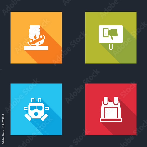 Set Burning car, Protest, Gas mask and Bulletproof vest icon. Vector.