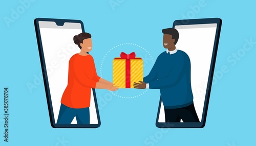 Friends sharing a gift online on their smartphones
