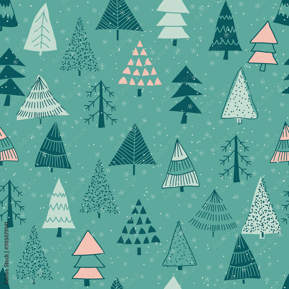 Merry Christmas, Happy New Year seamless pattern with Christmas trees for greeting cards, wrapping paper. Doodles. Seamless winter pattern on green background. Vector illustration.