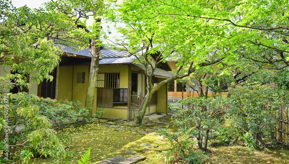 Shofuen garden and tea room, Fukuoka city, Japan. Site of Shofuso, the residence of renowned Fukuoka Tamaya department store founder and Kyushu pottery collector Zenpachi Tanakamaru. Shofuen garden and tea room, Fukuoka city, Japan. Site of Shofuso, the residence of renowned Fukuoka Tamaya department store founder and Kyushu pottery collector Zenpachi Tanakamaru.