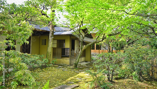 Shofuen garden and tea room, Fukuoka city, Japan. Site of Shofuso, the residence of renowned Fukuoka Tamaya department store founder and Kyushu pottery collector Zenpachi Tanakamaru.