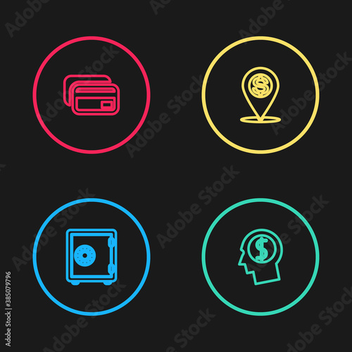 Set line Safe, Business man planning mind, Cash location pin and Credit card icon. Vector.