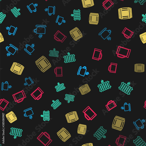 Set line Coffee cup, Heating radiator, Wooden barrel with rum and Glass beer on seamless pattern. Vector.