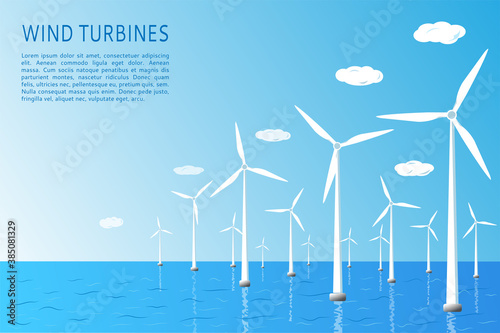 Wind turbines on the water. Renewable, alternative wind energy concept. Vector illustration, flat style