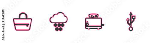 Set line Handbag, Toaster with toasts, Cloud snow and USB icon. Vector.
